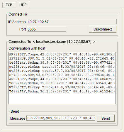 Delimited text sent to a UDP client on port 5565. Delimited text sent to a UDP client on port 5565.