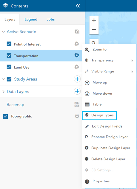 Active Scenario Options menu with the Design Types option highlighted Active Scenario Options menu with the Design Types option highlighted