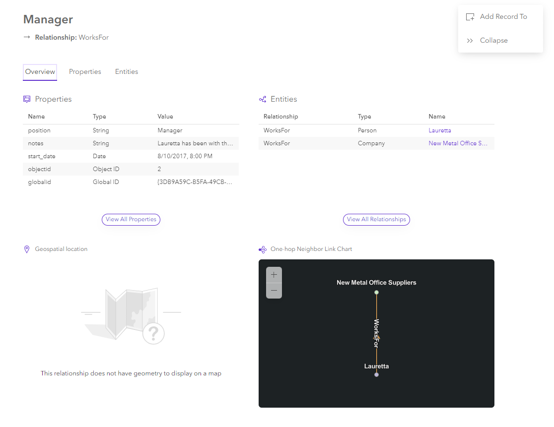 The overview for a selected relationship in the knowledge graph view The overview for a selected relationship in the knowledge graph view